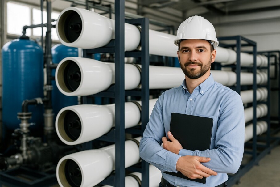 Engineer standing next to industrial reverse osmosis membranes in a water treatment facility