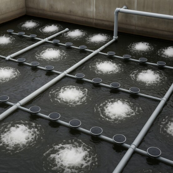 Circular diffusers spread fine bubbles evenly across the tank, ideal for biological treatment zones with high oxygen demand