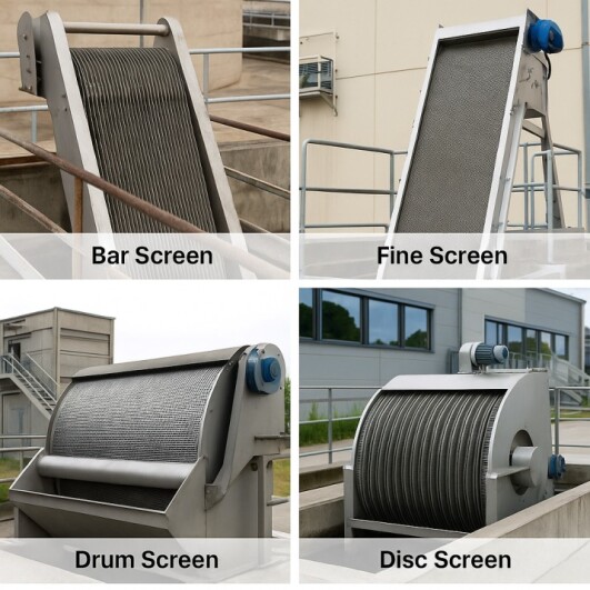  A comparison of common mechanical screen types used in wastewater treatment: Bar, Fine, Drum, and Disc screens