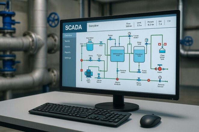  A close-up of a SCADA interface displaying real-time control and monitoring of water treatment processes