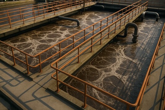 Aeration basin with active sludge in a wastewater treatment facility