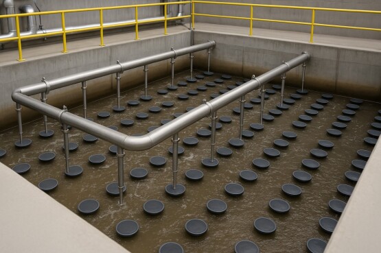 Permanently mounted disc diffusers ensure maximum oxygen transfer in large aeration basins with consistent airflow