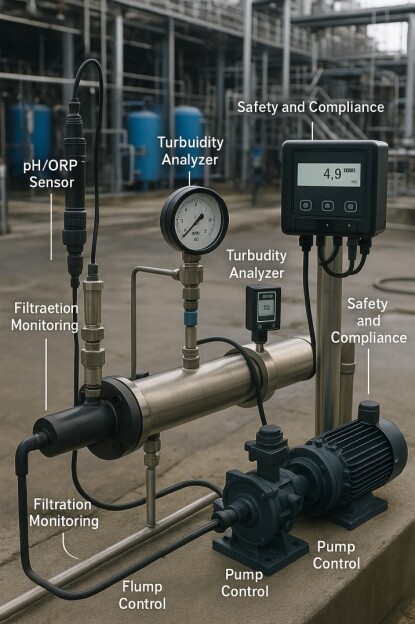 Lab-scale pilot setup with filtration sensors and pump control