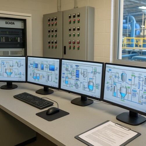 The control center of a water treatment plant, featuring multiple SCADA screens for process automation and monitoring