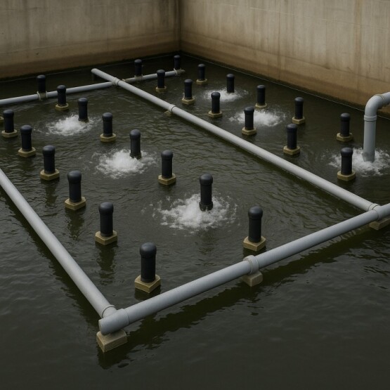 Upright diffusers release fine bubbles, ensuring targeted aeration in narrow basins. Suitable for retrofitting older systems