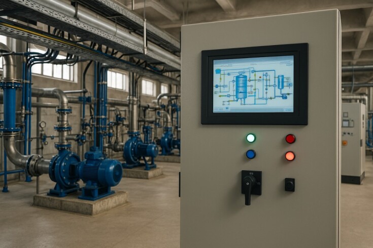  SCADA monitoring panel and industrial pumps in a water facility