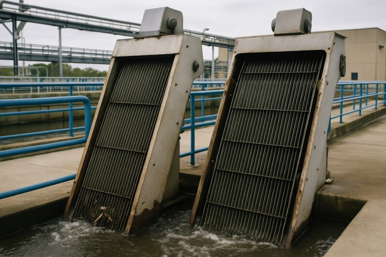 A fully installed bar screen removing coarse solids from wastewater at the headworks of a treatment plant