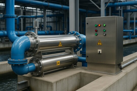 UV disinfection unit with ozone generator panel in a water treatment plant