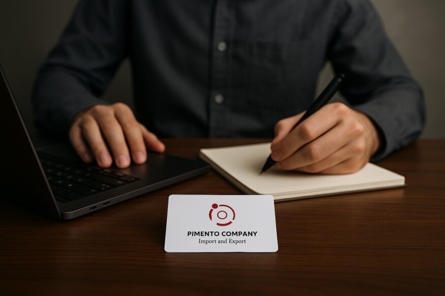 Business card of Pimento Company on desk with a laptop and note-taking in the background